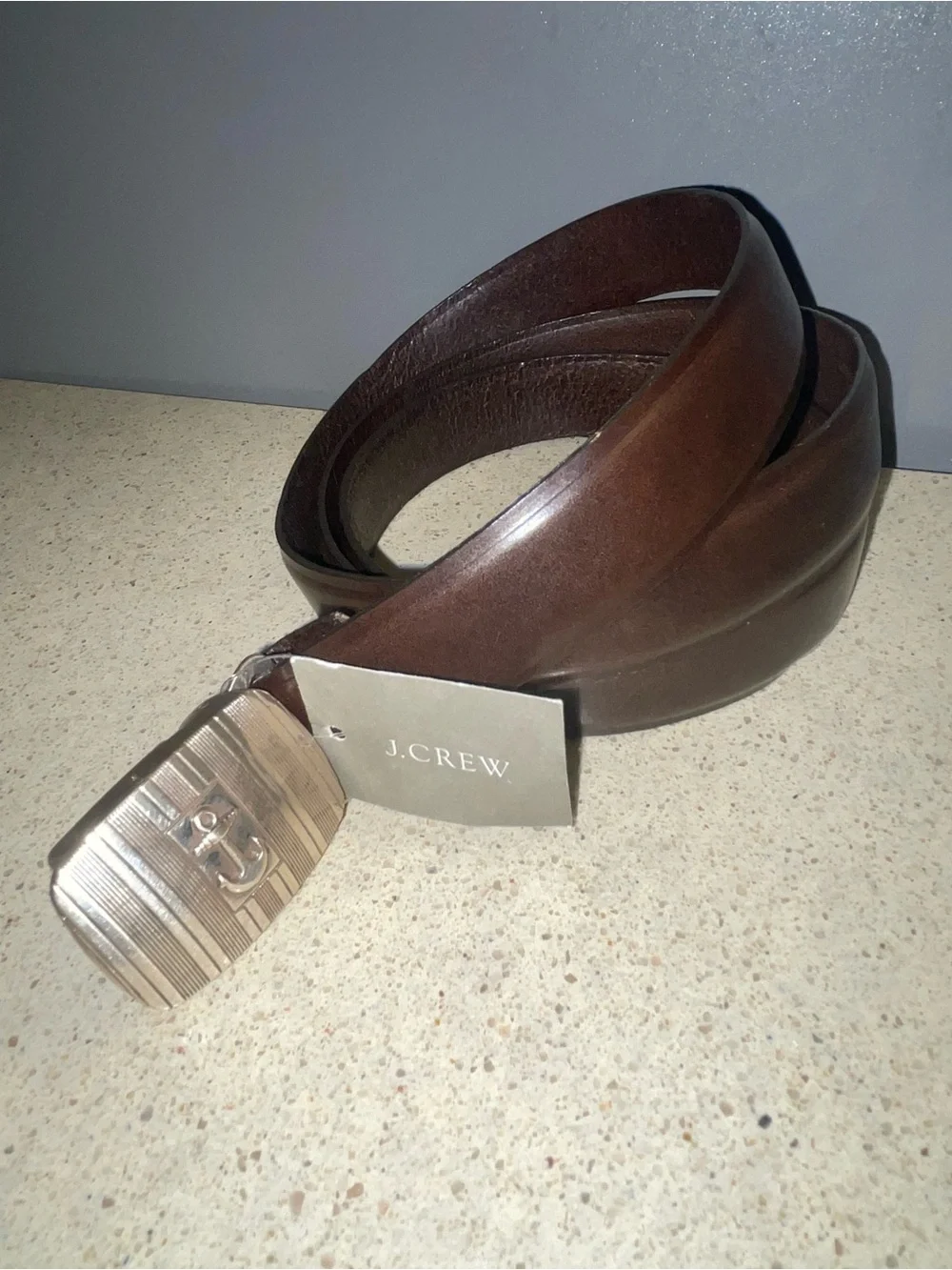 J. Crew Dark Brown Leather Belt with Silver Coastal Anchor on metal Buckle